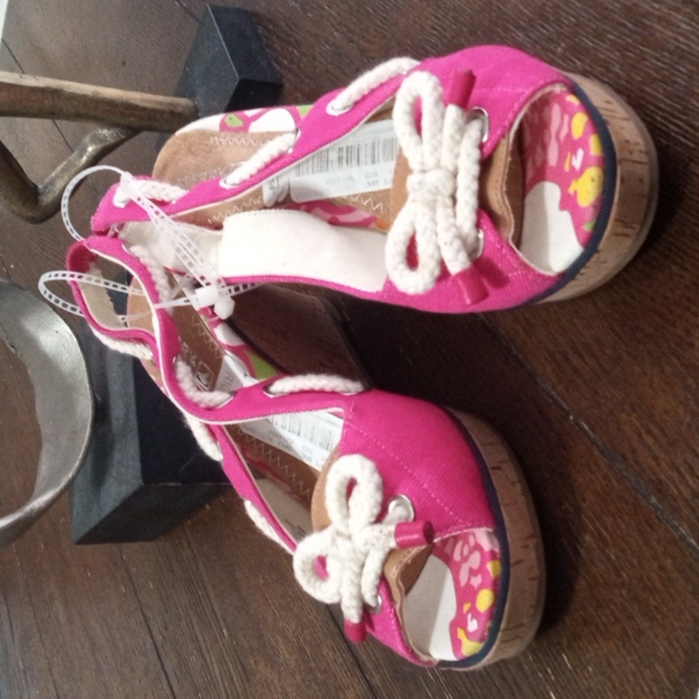 🚨B2G1 New SPERRY Pink White Roped Bow Open Toe Wedge Sandals